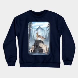 Three wolf hunting in misty forest night Howling Crewneck Sweatshirt